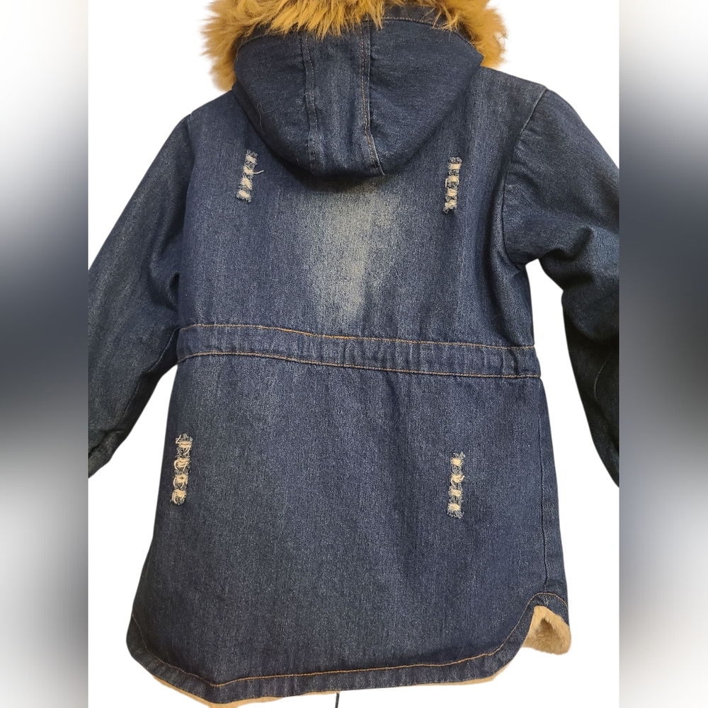 Denim Kids Jacket with Faux Fur Hood‎ Faded And Distressed Sz XL - Picture 10 of 12